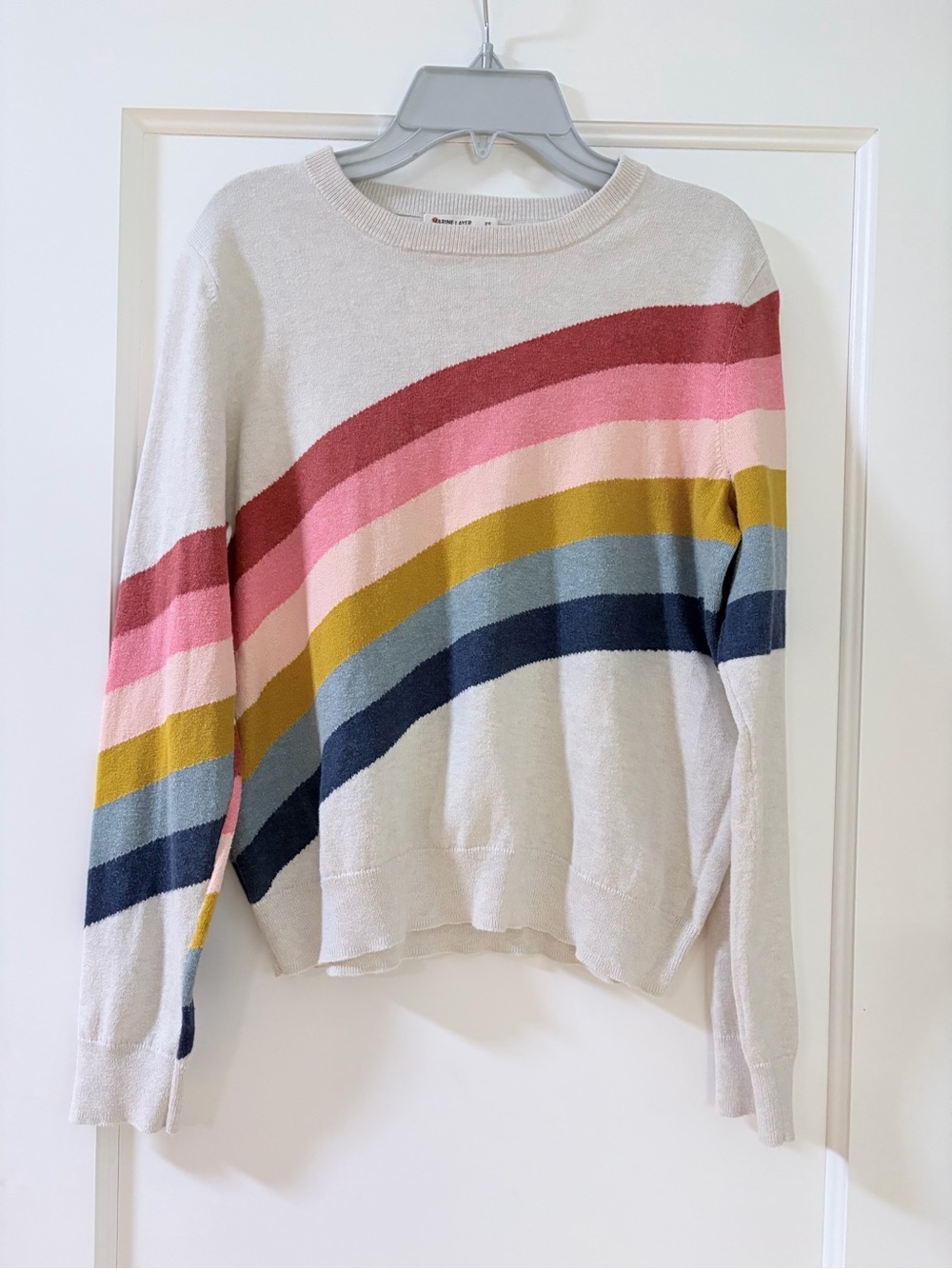 Marine Layer Cream Sweater with Pink, Mustard & Navy Rainbow Stripes